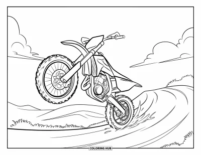 Desenho de moto de trilha para colorir para crianças: Uma moto empina a roda em uma trilha lisa sob nuvens fofas e um céu limpo