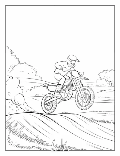 Desenho de moto de trilha para colorir para crianças: Uma moto voa sobre um monte com rastro de poeira em um campo aberto