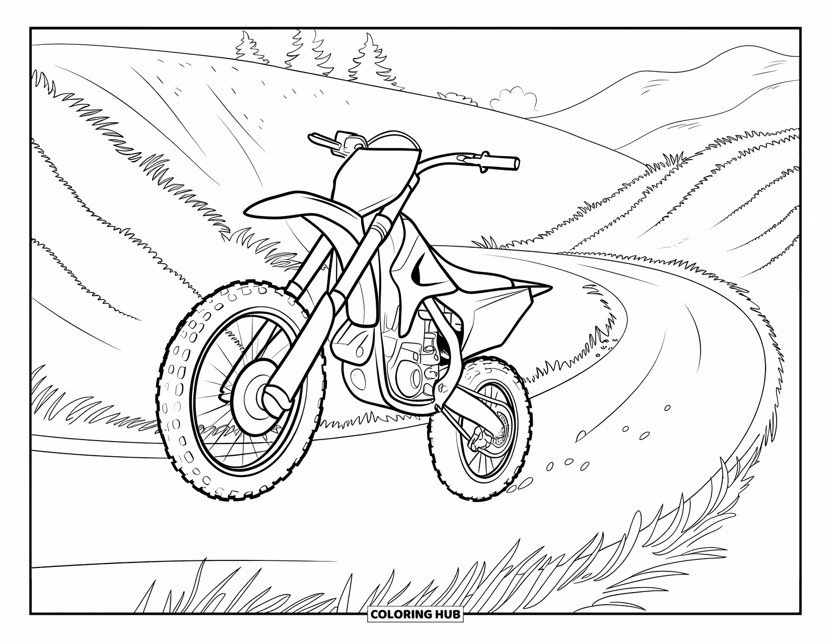 Dirt Bike Coloring Page for Kids: A bike pops a wheelie on a trail with soft hills and a few trees nearby