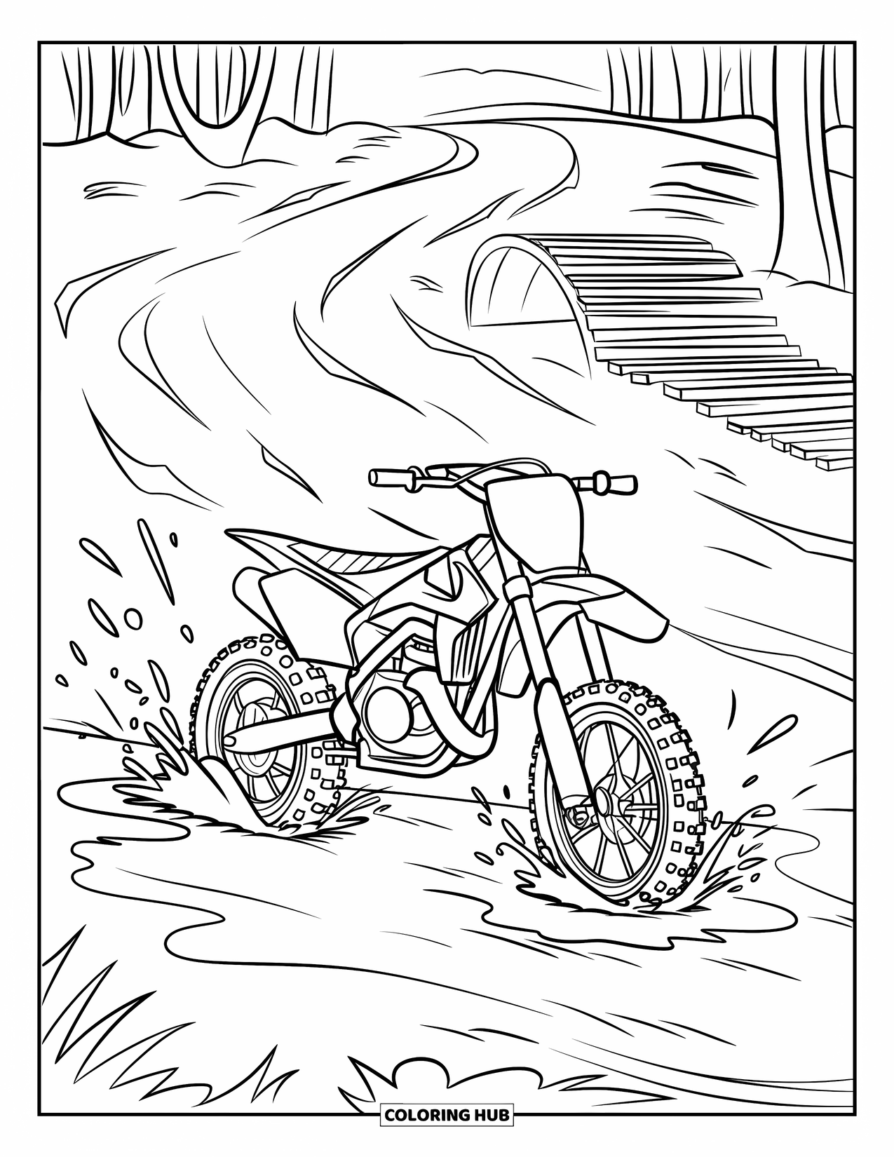 Dirt Bike Coloring Page for Kids: A bike rides through muddy puddles on a trail toward a wooden bridge
