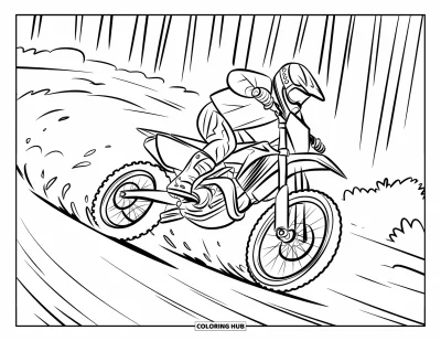 Desenho de moto de trilha para colorir para crianças: Uma moto desce uma trilha com poeira redemoinhando e árvores altas da floresta ao redor