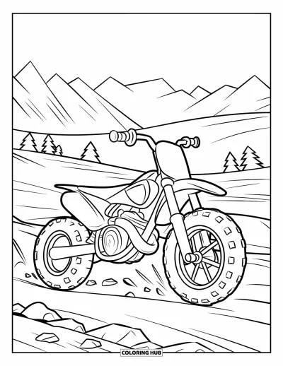 Desenho de moto de trilha para colorir para crianças: Uma moto com pneus grandes passa por cima de pedrinha com uma vista tranquila ao fundo