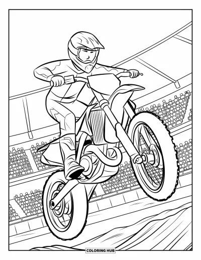 Desenho de moto de trilha para colorir para crianças: Um piloto voa por um estádio cheio de público segurando o guidão no meio do salto