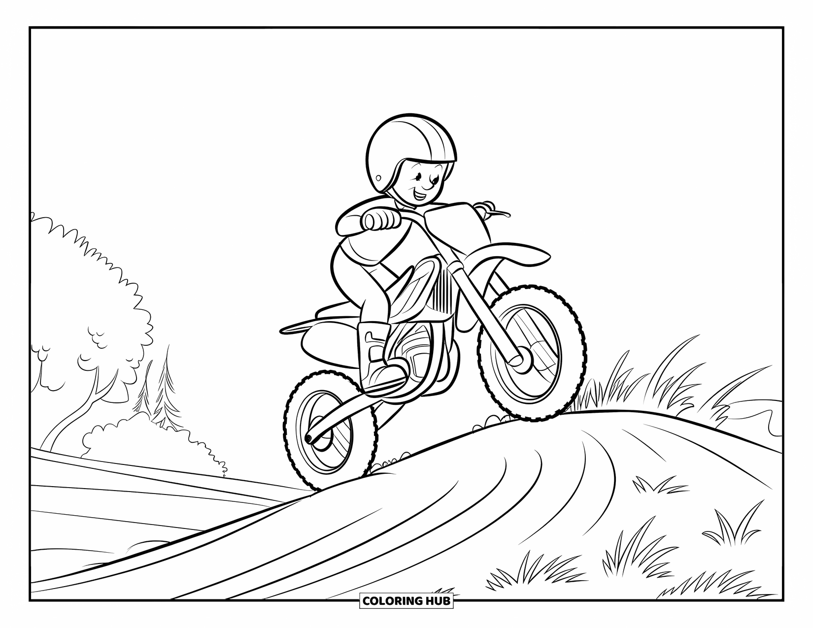 Dirt Bike Coloring Page for Kids: A cheerful rider goes up a grassy hill with trees and sky all around