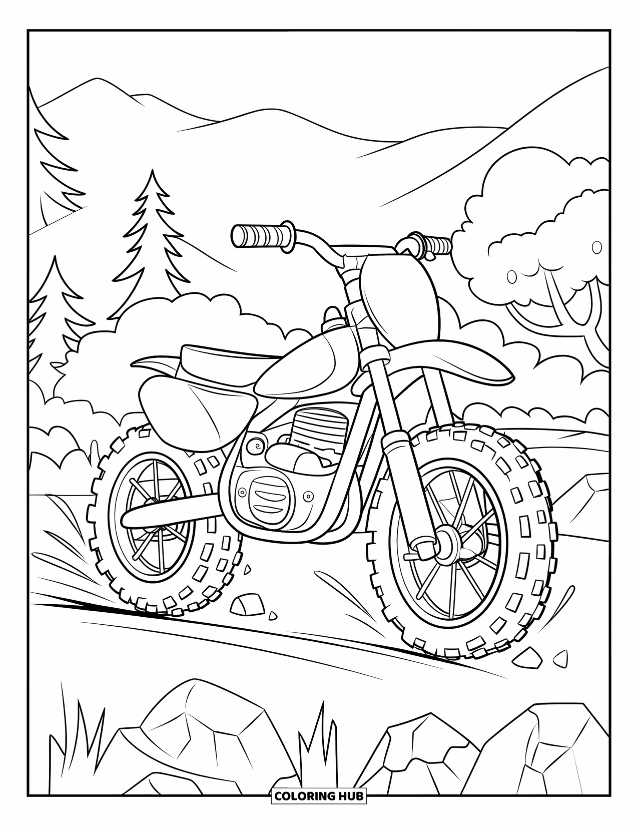 Dirt Bike Coloring Page for Kids: A chunky-tired bike rolls over tiny rocks with mountains and trees in the background