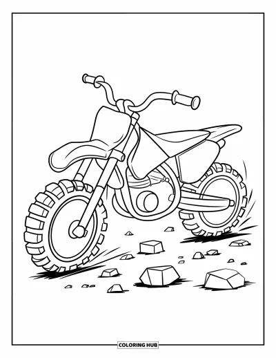 Desenho de moto de trilha para colorir para crianças: Uma moto simpática com pneus grandes passa por cima de pedras espalhadas em terreno aberto