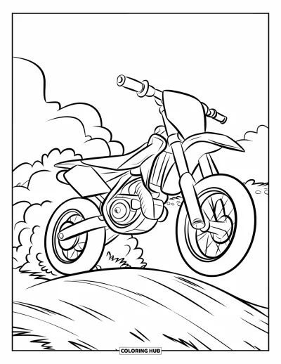 Desenho de moto de trilha para colorir para crianças: Uma moto de trilha fofinha salta sobre um obstáculo com nuvens de poeira deixadas para trás