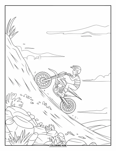 Desenho de moto de trilha para colorir para crianças: Uma moto de trilha sobe uma colina rochosa enquanto o piloto avança com determinação