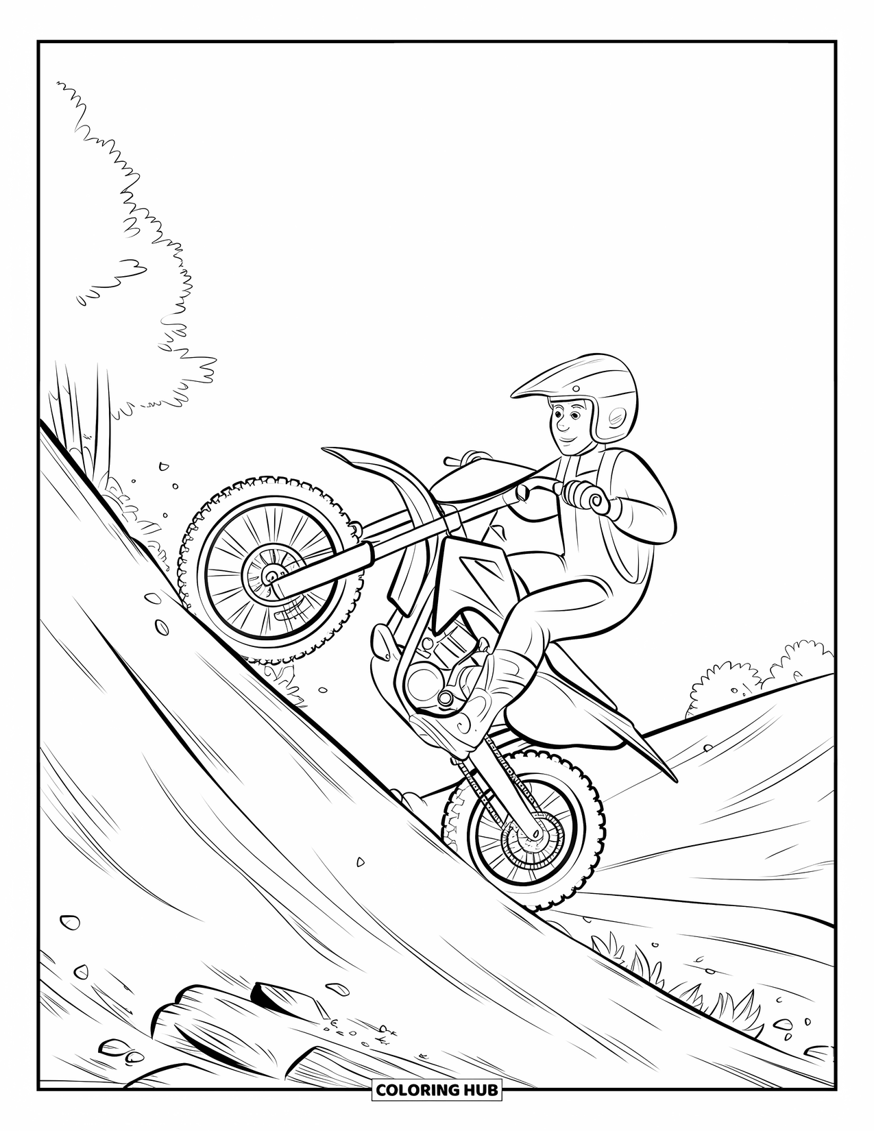 Dirt Bike Coloring Page for Kids: A dirt bike climbs over loose rocks as trees line the distant edge