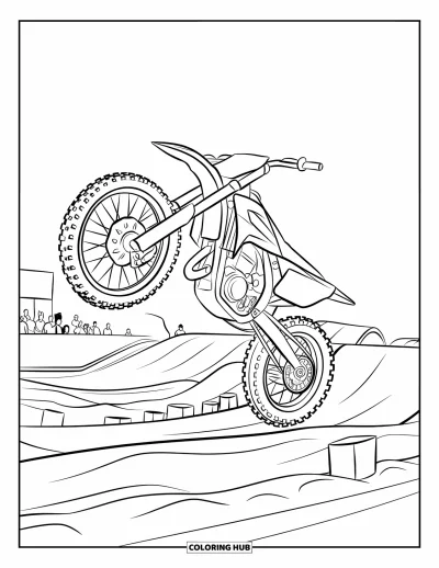 Desenho de moto de trilha para colorir para crianças: Uma moto de trilha decola no ar durante um salto de motocross com a pista e o público abaixo