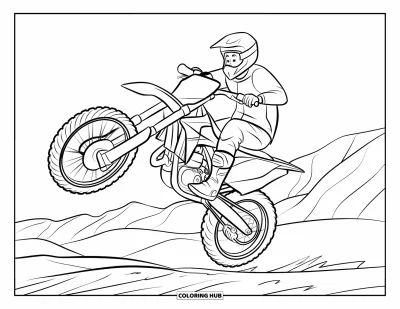 Desenho de moto de trilha para colorir para crianças: Uma moto de trilha sobe no ar com o piloto sobre colinas acidentadas e um céu limpo