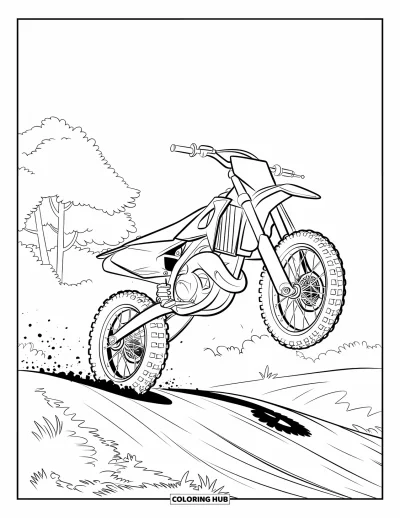 Desenho de moto de trilha para colorir para crianças: Uma moto de trilha decola de um monte enquanto a poeira redemoinha atrás e as árvores emolduram a cena