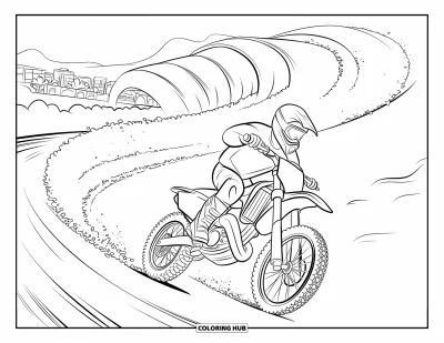 Desenho de moto de trilha para colorir para crianças: Uma moto de trilha desce uma ladeira por curvas dramáticas com prédios ao longe