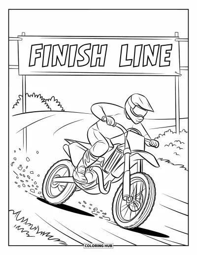 Desenho de moto de trilha para colorir para crianças: Uma moto de trilha corre sob uma faixa de "Finish Line", deixando um rastro de terra para trás