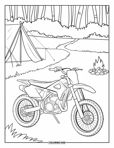 Desenho de moto de trilha para colorir para crianças: Uma moto de trilha descansa perto de um acampamento com uma trilha levando à floresta