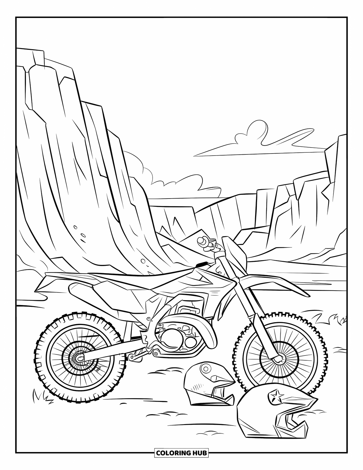 Dirt Bike Coloring Page for Kids: A dirt bike rests near helmets and gear by a rocky canyon with clouds above