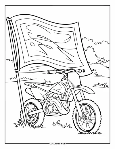 Desenho de moto de trilha para colorir para crianças: Uma moto de trilha descansa na grama ao lado de uma bandeira de corrida e algumas árvores