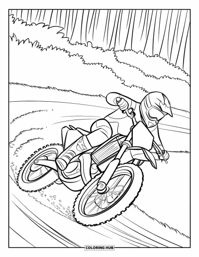 Desenho de moto de trilha para colorir para crianças: Um piloto de moto de trilha se inclina em uma curva fechada, levantando poeira por uma floresta