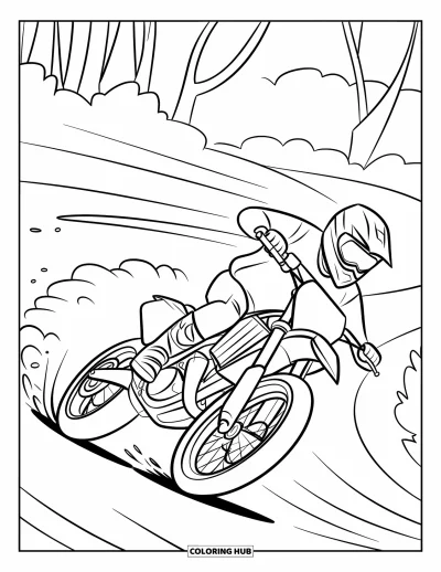 Desenho de moto de trilha para colorir para crianças: Um piloto de moto de trilha se inclina em uma curva fechada enquanto a poeira rodopia em uma trilha na floresta