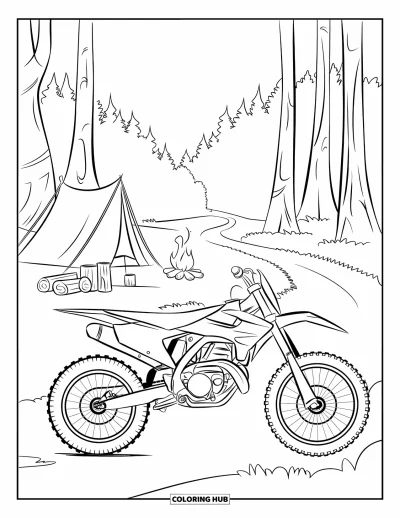 Desenho de moto de trilha para colorir para crianças: Uma moto de trilha fica perto de uma barraca e fogueira em uma trilha marcada na floresta