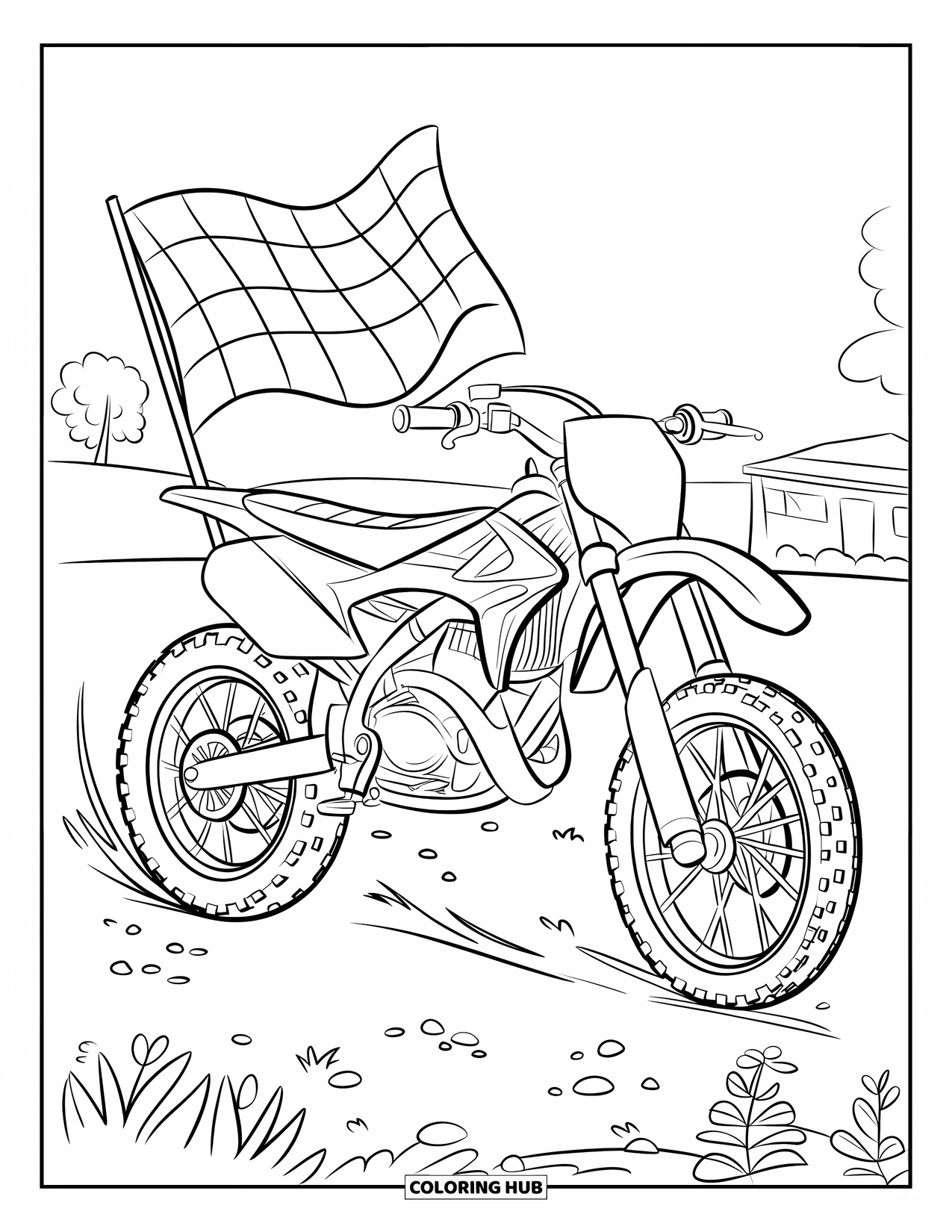 Dirt Bike Coloring Page for Kids: A dirt bike stands near a waving flag in a field with plants and a few trees