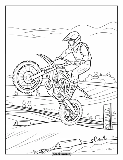 Desenho de moto de trilha para colorir para crianças: Uma moto de trilha gira no meio do salto enquanto o piloto se equilibra sobre a pista e a torcida animada