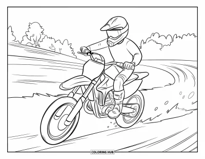 Desenho de moto de trilha para colorir para crianças: Uma moto de trilha com orelhas do Mickey zoa por um campo empoeirado entre árvores e terreno aberto