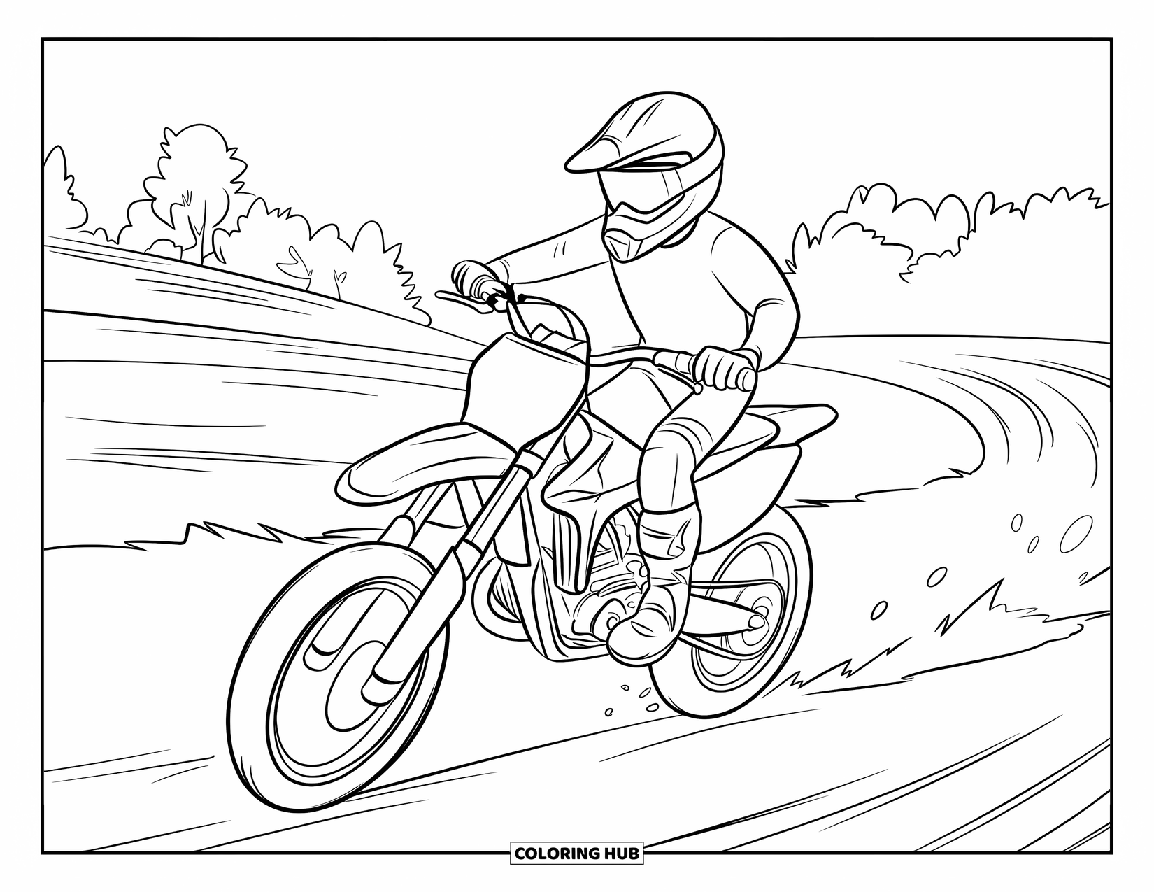 Dirt Bike Coloring Page for Kids: A dirt bike with Mickey ears zips through a dusty field past trees and open land