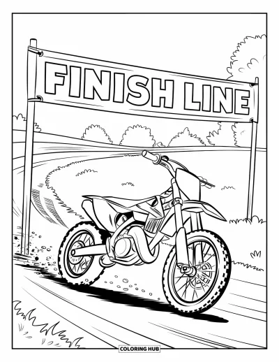 Desenho de moto de trilha para colorir para crianças: Uma moto de trilha corre em direção à linha de chegada, girando rápido e levantando poeira