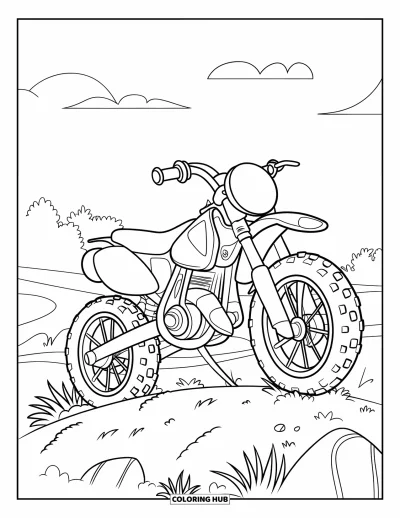 Desenho de moto de trilha para colorir para crianças: Uma moto simpática com rodas redondas está em uma colina gramada sob um céu nublado