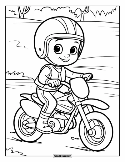 Desenho de moto de trilha para colorir para crianças: Um piloto simpático senta feliz em uma moto em um campo gramado com árvores ao redor