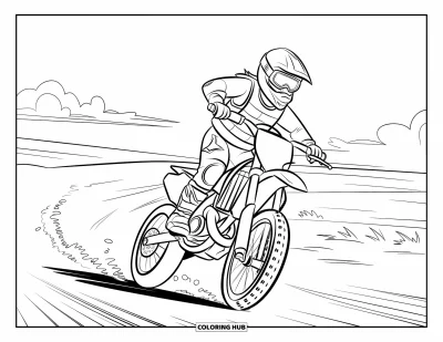 Desenho de moto de trilha para colorir para crianças: Um piloto equipado levanta poeira correndo por um campo aberto sob um céu nublado