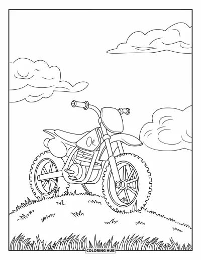 Desenho de moto de trilha para colorir para crianças: Uma moto de trilha com cara feliz está estacionada em uma colina gramada sob um céu com nuvens fofas