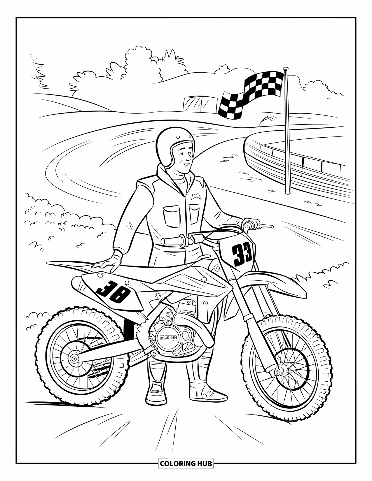 Dirt Bike Coloring Page for Kids: A helmeted rider waits beside their bike with trees and a flag in the distance