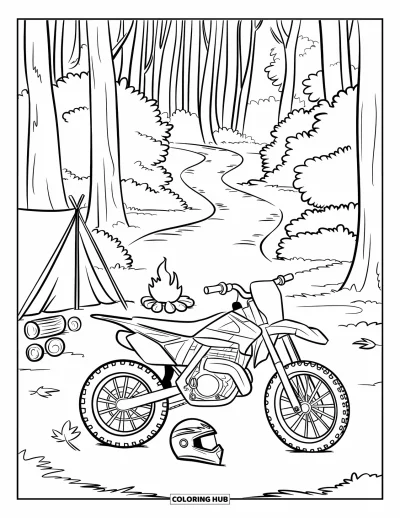 Desenho de moto de trilha para colorir para crianças: Uma moto estacionada e um capacete descansam perto de um acampamento aconchegante com trilha para árvores altas