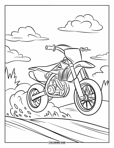 Desenho de moto de trilha para colorir para crianças: Uma moto brincalhona pula um pequeno obstáculo sob nuvens com árvores ao redor