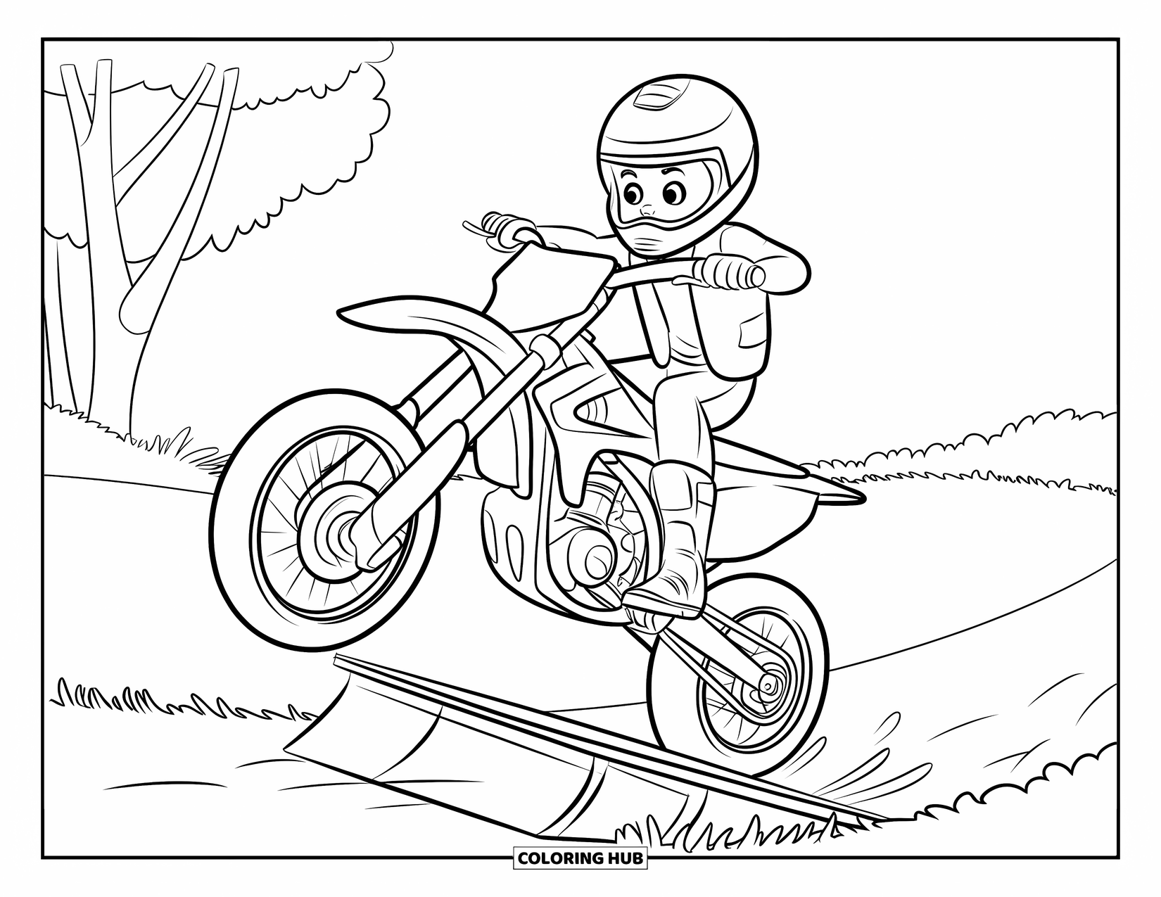 Dirt Bike Coloring Page for Kids: A playful rider jumps a low ramp in a grassy field with trees nearby