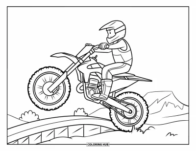 Desenho de moto de trilha para colorir para crianças: Um piloto animado salta uma pequena rampa com um sorriso e poeira no ar