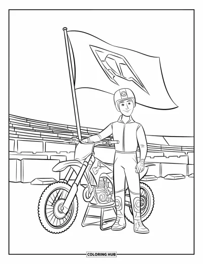 Desenho de moto de trilha para colorir para crianças: Um piloto fica ao lado de sua moto perto da pista enquanto a bandeira de corrida balança