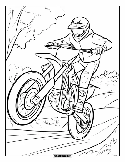 Desenho de moto de trilha para colorir para crianças: Um piloto segura o guidão no ar enquanto faz uma manobra com a moto de trilha acima de uma trilha