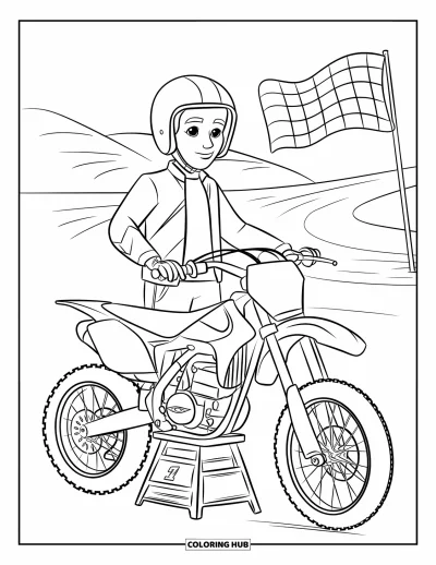 Desenho de moto de trilha para colorir para crianças: Um piloto equipado posa ao lado de uma moto de trilha com uma pista e bandeira ao fundo