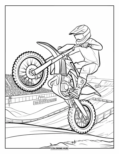 Desenho de moto de trilha para colorir para crianças: Um piloto faz um salto com uma roda levantada bem alto em uma arena de motocross lotada