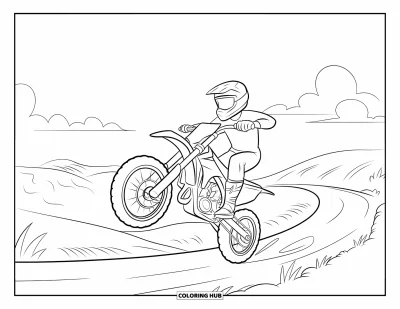 Desenho de moto de trilha para colorir para crianças: Um piloto empina a roda em colinas onduladas sob um céu claro com nuvens fofas