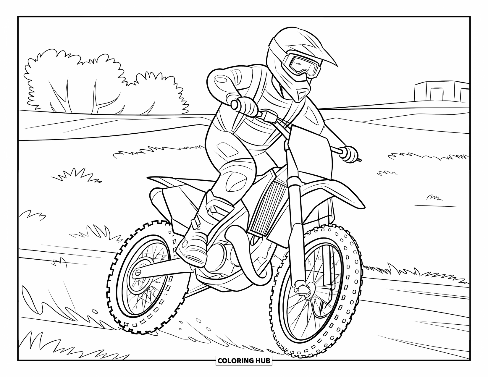 Dirt Bike Coloring Page for Kids: A rider speeds through a dusty field wearing full gear with trees in the distance