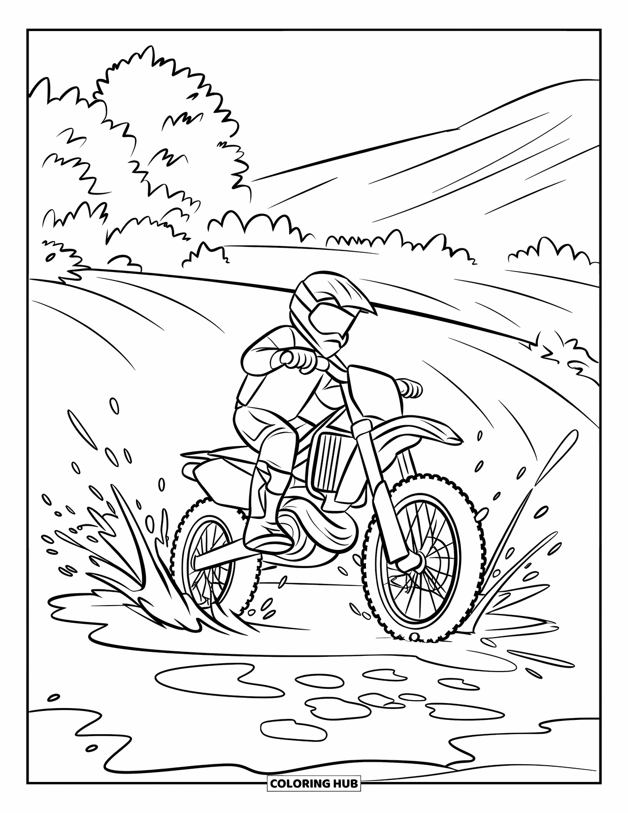 Dirt Bike Coloring Page for Kids: A rider splashes through mud on a trail with trees and a mountain behind