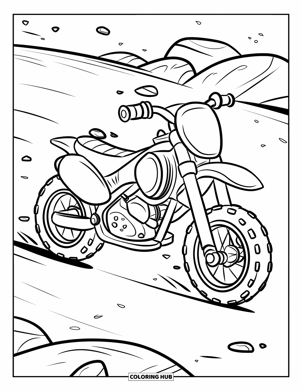 Dirt Bike Coloring Page for Kids: A round-bodied bike with three wheels rumbles across small stones on rocky ground