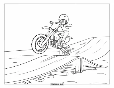 Desenho de moto de trilha para colorir para crianças: Uma moto pequena com pneus grandes pula uma rampa de madeira em terreno plano e aberto