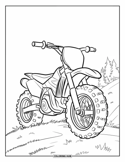 Desenho de moto de trilha para colorir para crianças: Uma moto de trilha sorridente com capacete repousa em uma colina com algumas árvores