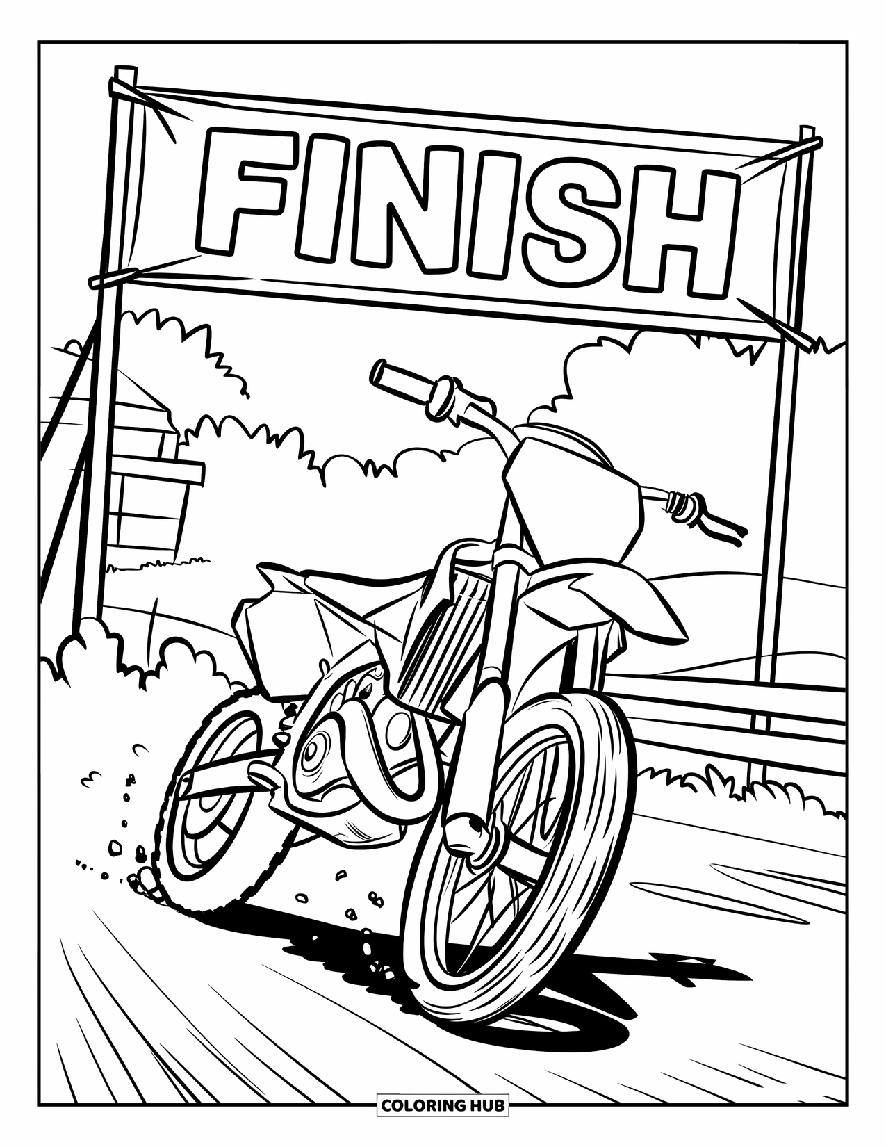 Dirt Bike Coloring Page for Kids: A smiling dirt bike zooms beneath a finish line with trees and a building nearby