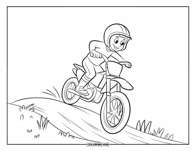 Desenho de moto de trilha para colorir para crianças: Um piloto sorridente sobe uma pequena colina com plantas crescendo ao lado
